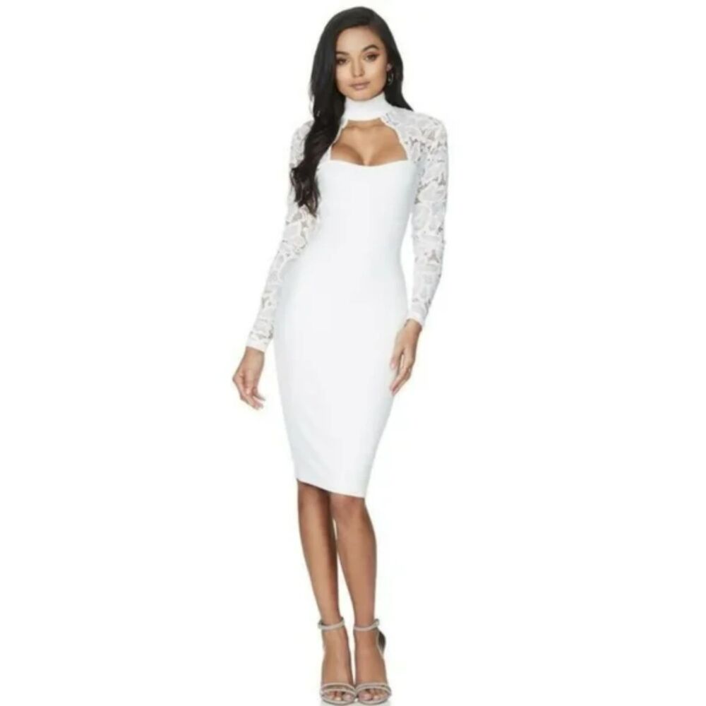NOOKIE Lady Lace Long Sleeve Midi Dress In White, M, NWT